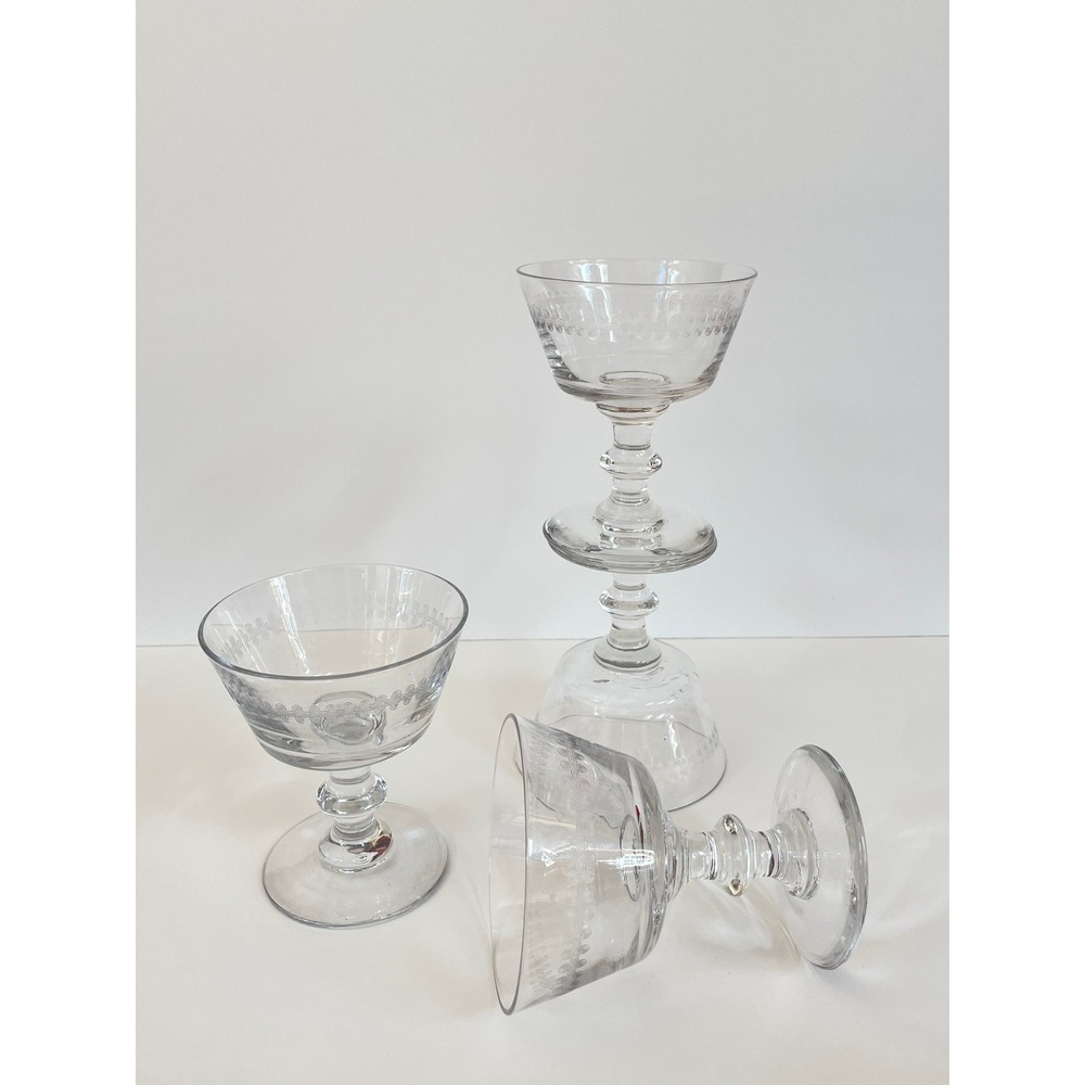 Vintage Etched Glass Coupe Champagne Glasses Set of 4 Clear Pedestal Stem